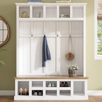 Wood Farmhouse Hall Tree with Storage Entryway Bench,  Coat Racks