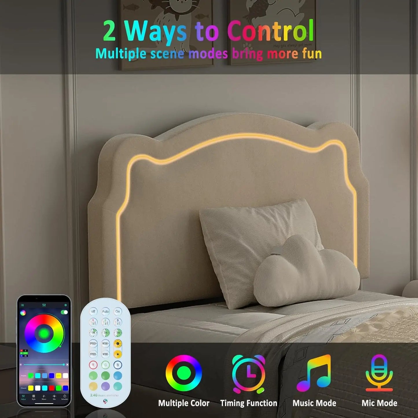 Twin Bed Frame with Upholstered Adjustable Headboard & Smart LED Velvet Princess Platform Bed for Girls/Kids Wood Slats Support