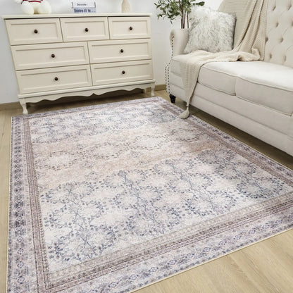 Floral Washable Rugs, Area Rug for Living Room, Soft Large Boho Bedroom Rugs, Botanical Non Slip Ultra Thin Floor Carpet