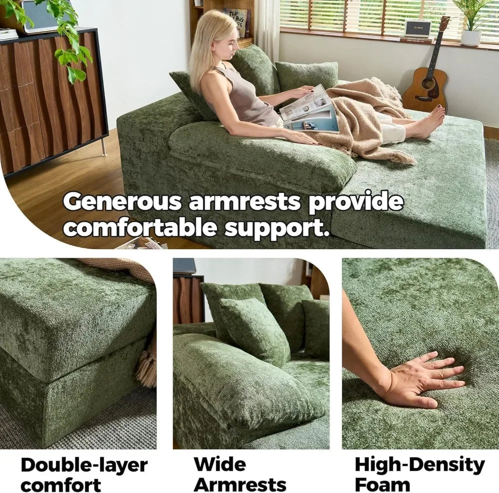 Oversized Boneless Chaise Lounge Chair Chenille Sofa Bed with Armrests & 4 Pillows