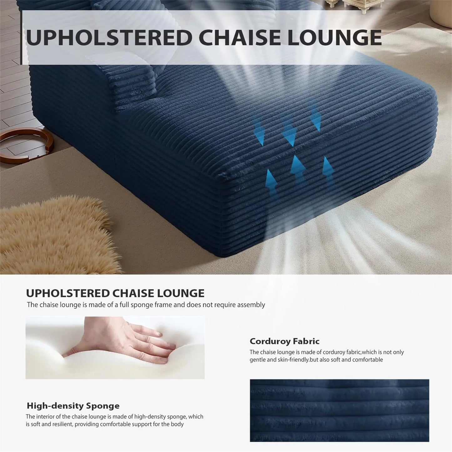 Oversized Chaise Lounge Chair Corduroy Oversized Boneless Couch Sofa Bed Reading Chair Sleeper Chaise with 3 Pillows, Blue
