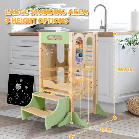 Foldable Toddler Tower with Adjustable Heights, Chalkboard & Learning Games - Safe Kitchen Step Stool for Kids