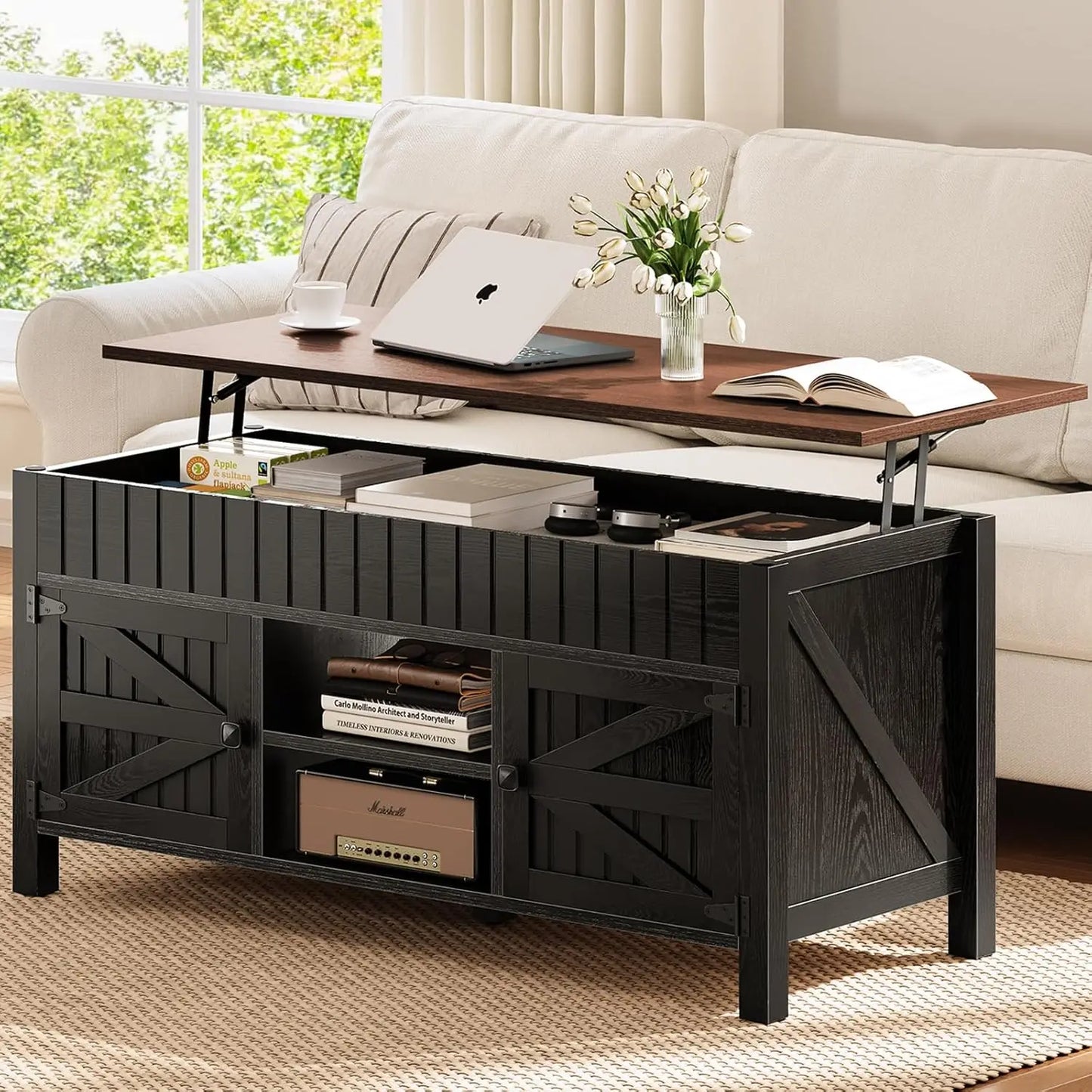 Lift Top Coffee Table with Storage - White Coffee Tables for Living Room, Farmhouse Wood Center Table