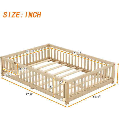 Toddler Floor Bed Frame with Safety Guardrails Doors Wood Slat Support Bed Detachable Platform Bed for Kids Bedroom Nursery
