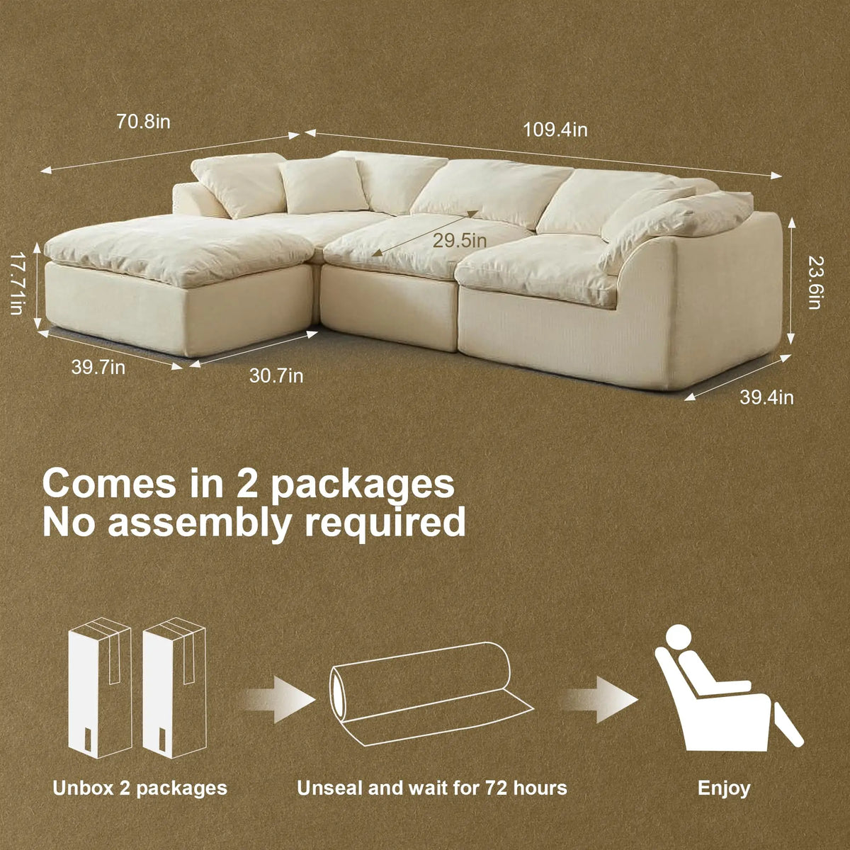 L-Shaped 3-Seater Oversized Deep Seat Sectional with Ottoman