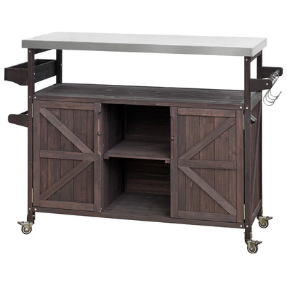 Portable Bar Tables Outdoor Grill Prep Table with Storage Tabletop Spice Rack Internal Storage Racks 4 Locking Mobile Wheels