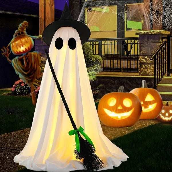 Spooky Ghost Halloween Decor with Witch Broom, Scary Ghosts Decor with LED Lights