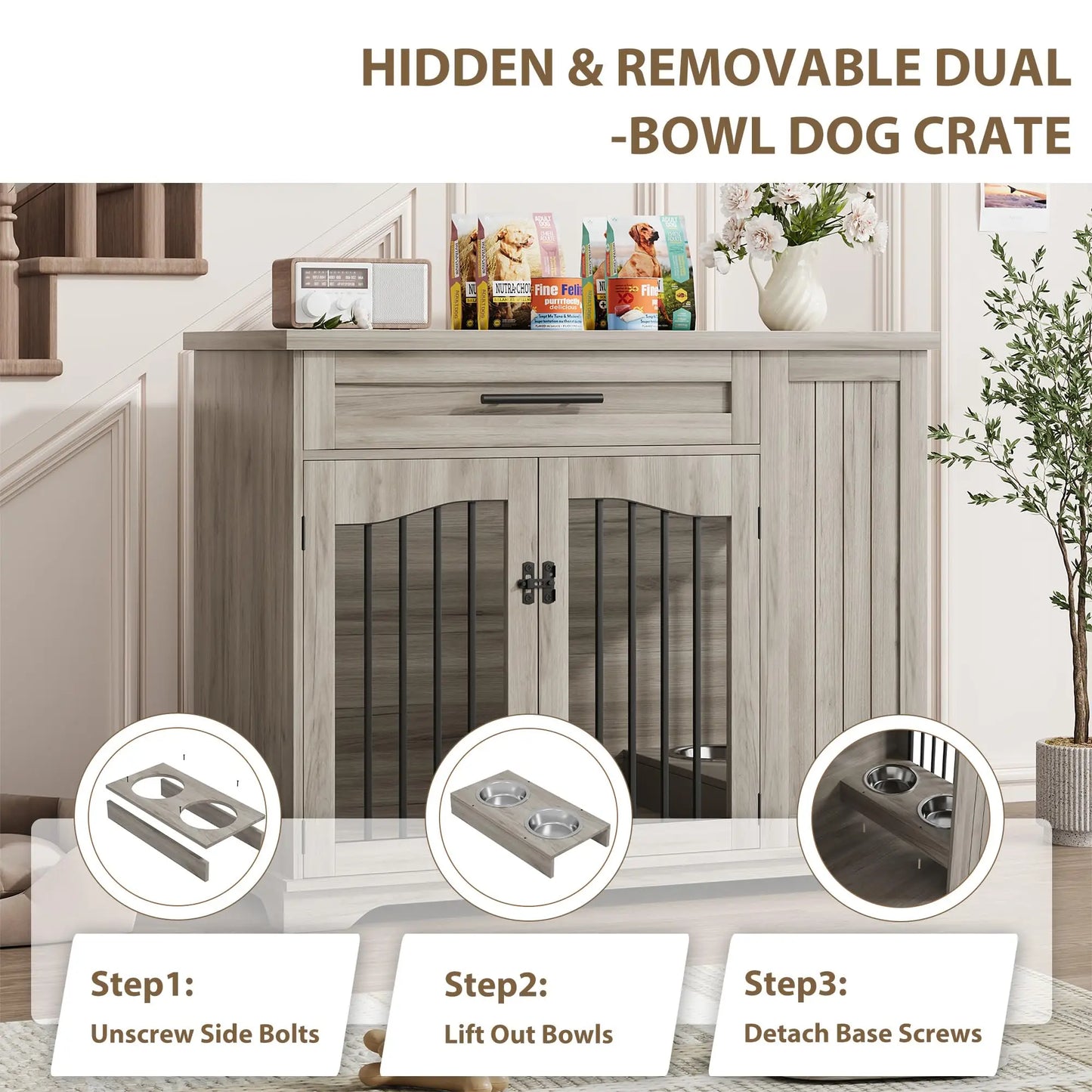 Furniture Style Dog Crate Heavy Duty Wooden Dog Kennel With Drawer Side Storage & Built-in Feeding Station For Pets