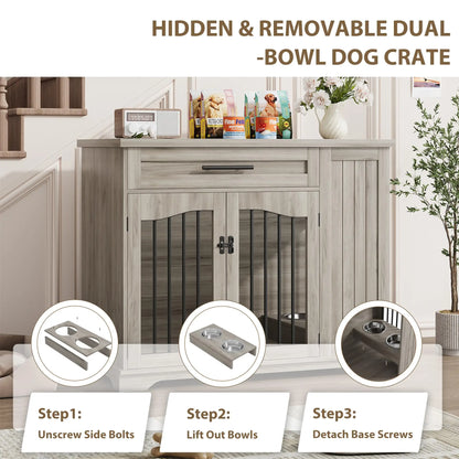 Furniture Style Dog Crate Heavy Duty Wooden Dog Kennel With Drawer Side Storage & Built-in Feeding Station For Pets
