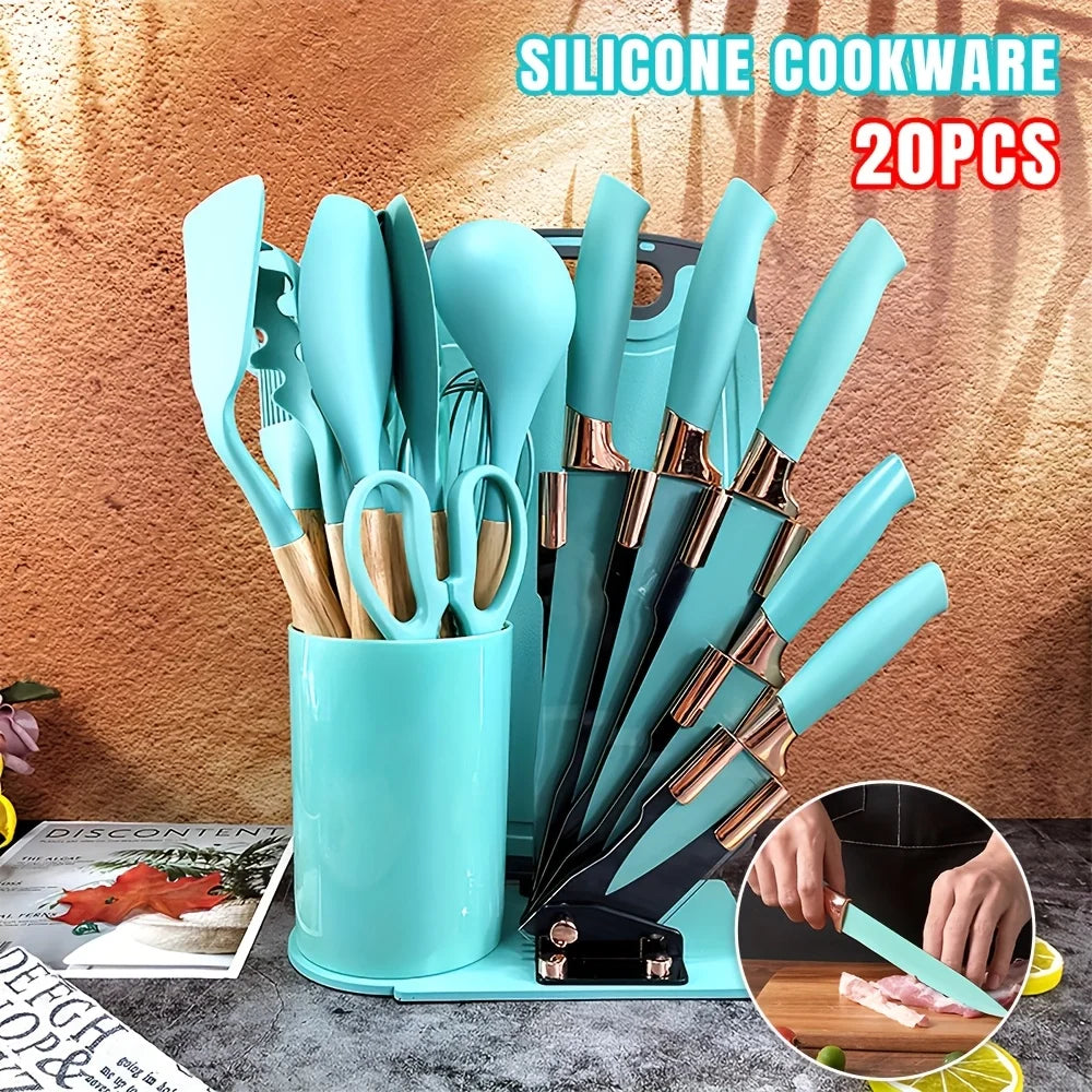 Silicone Utensil Set Non-Stick Heat-Resistant Cooking Kitchenware Chef Knife Easy-Clean Safe for Non-Stick Cookware