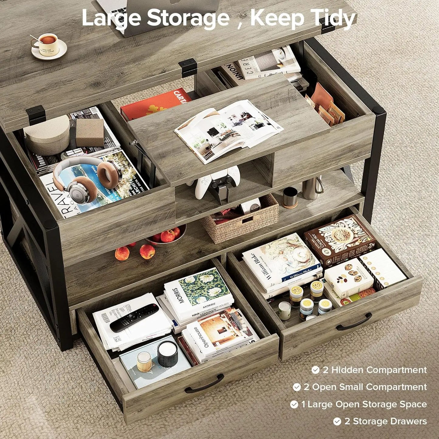 40" Lift Top Coffee Table,4 in 1 Multi-Function Lift Coffee Tables with Storage Drawers and Hidden, Customized