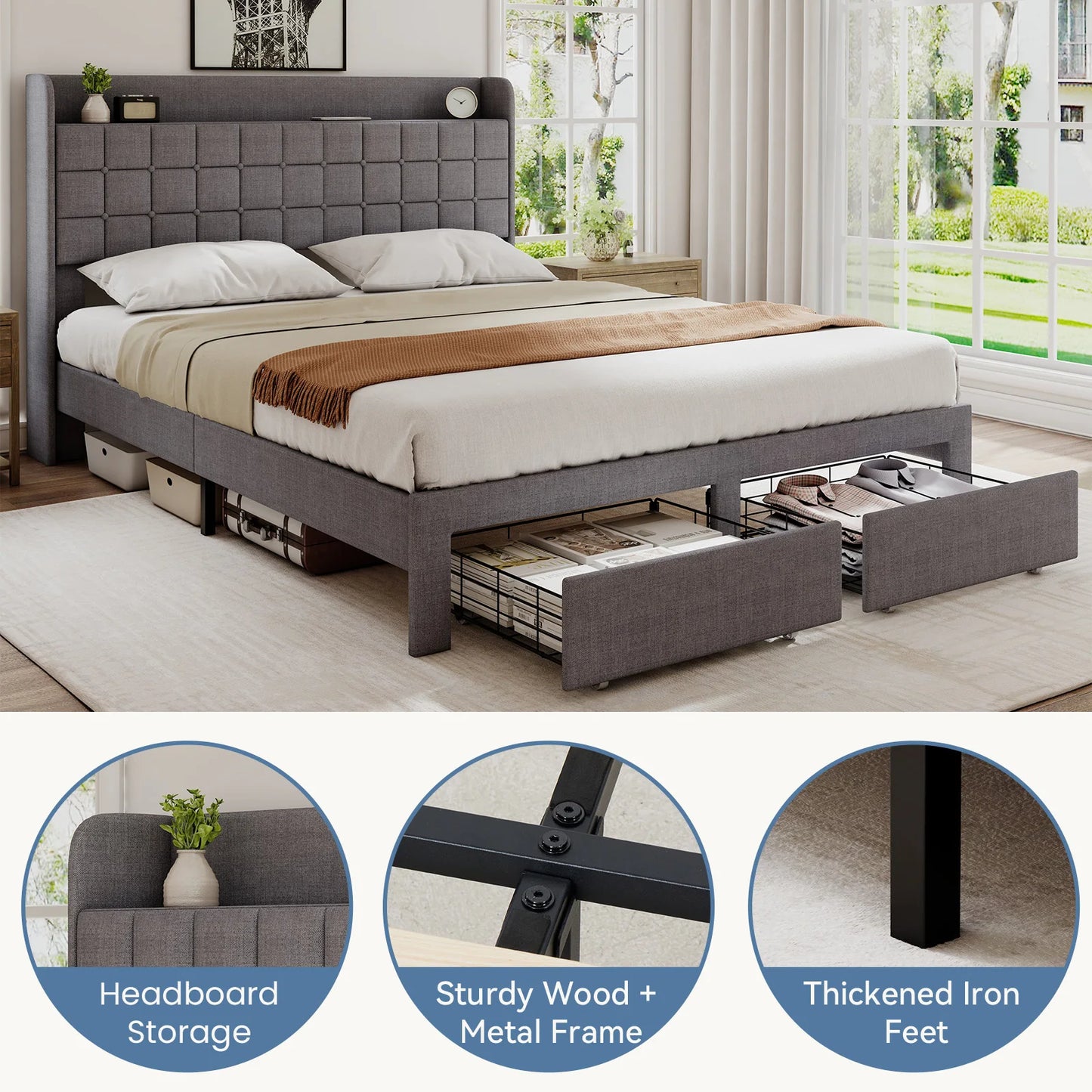 Wood Bed Frame with 2 Storage Drawers Fabric Headboard Upholstered Platform Bed Frame Wooden Slats