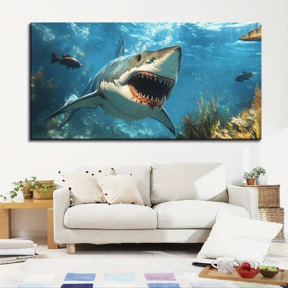 1.5 inch thick pine solid wood frame, Great white shark fishing canvas painting animal pictures home decor