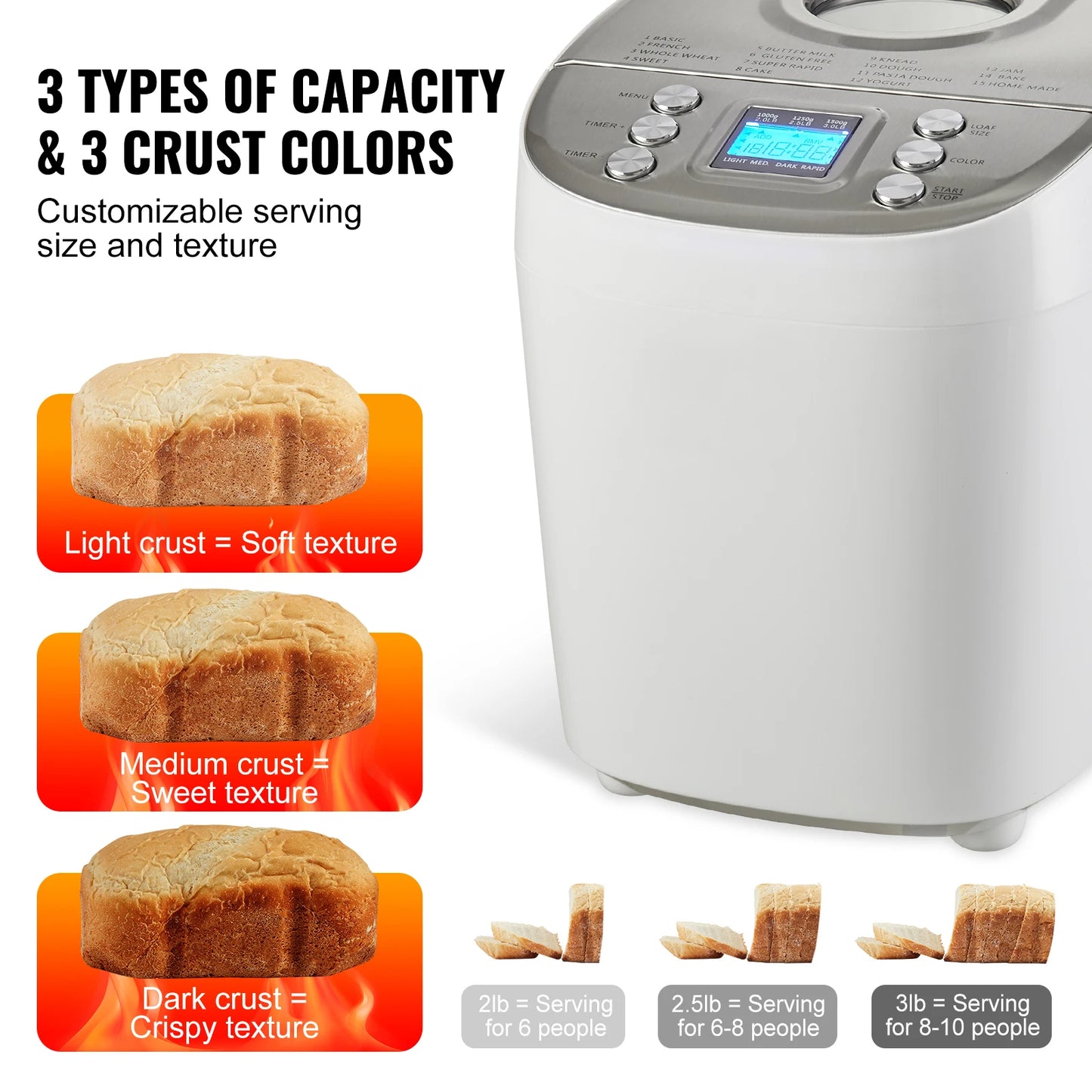 Bread Maker 15-in-1 Dough Machine Nonstick Ceramic Pan Automatic Bread maker with Gluten Free Setting