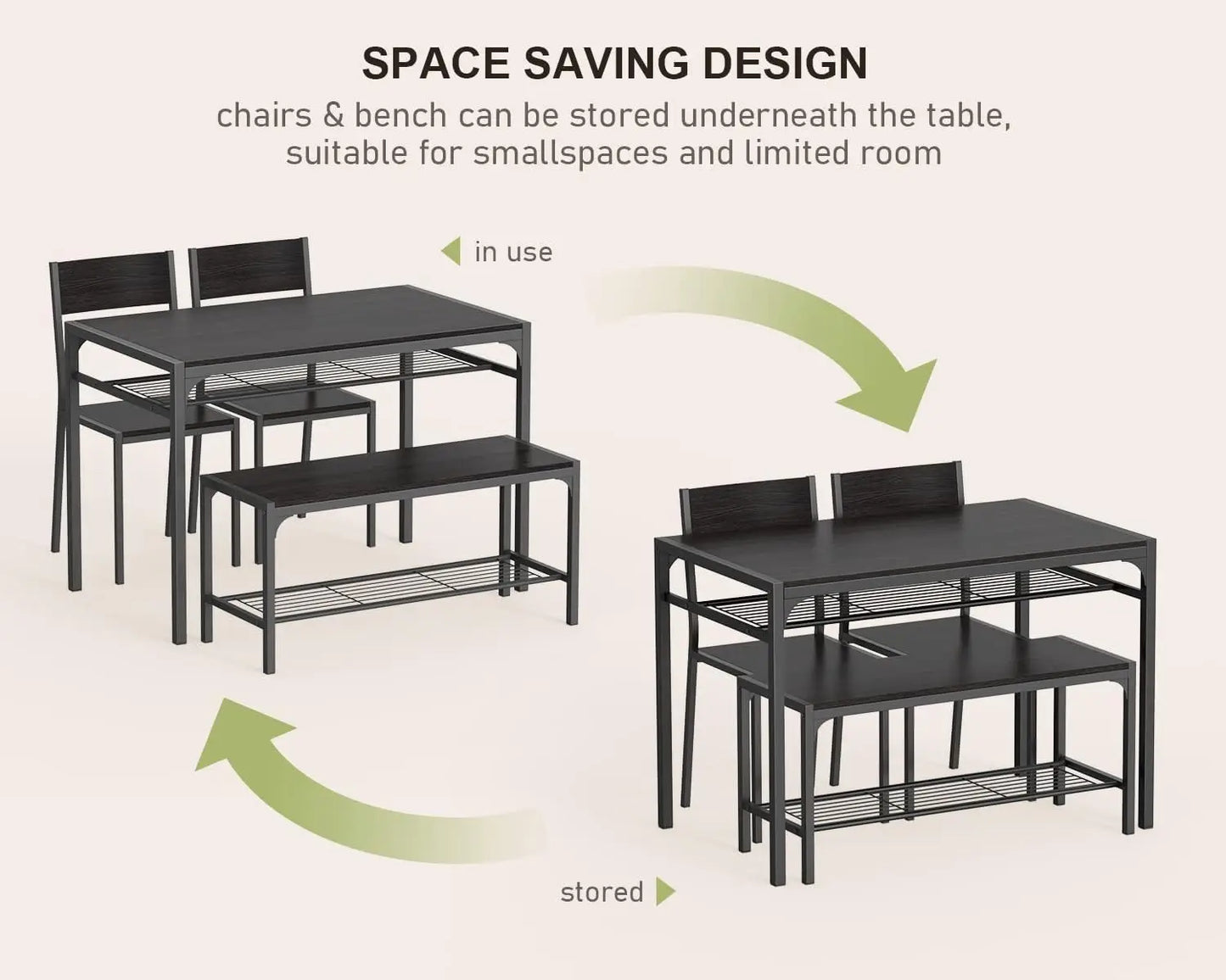 Kitchen Table and 2 Chairs for 4 with Bench, 4 Piece Dining Table Set for Small Space, Apartment
