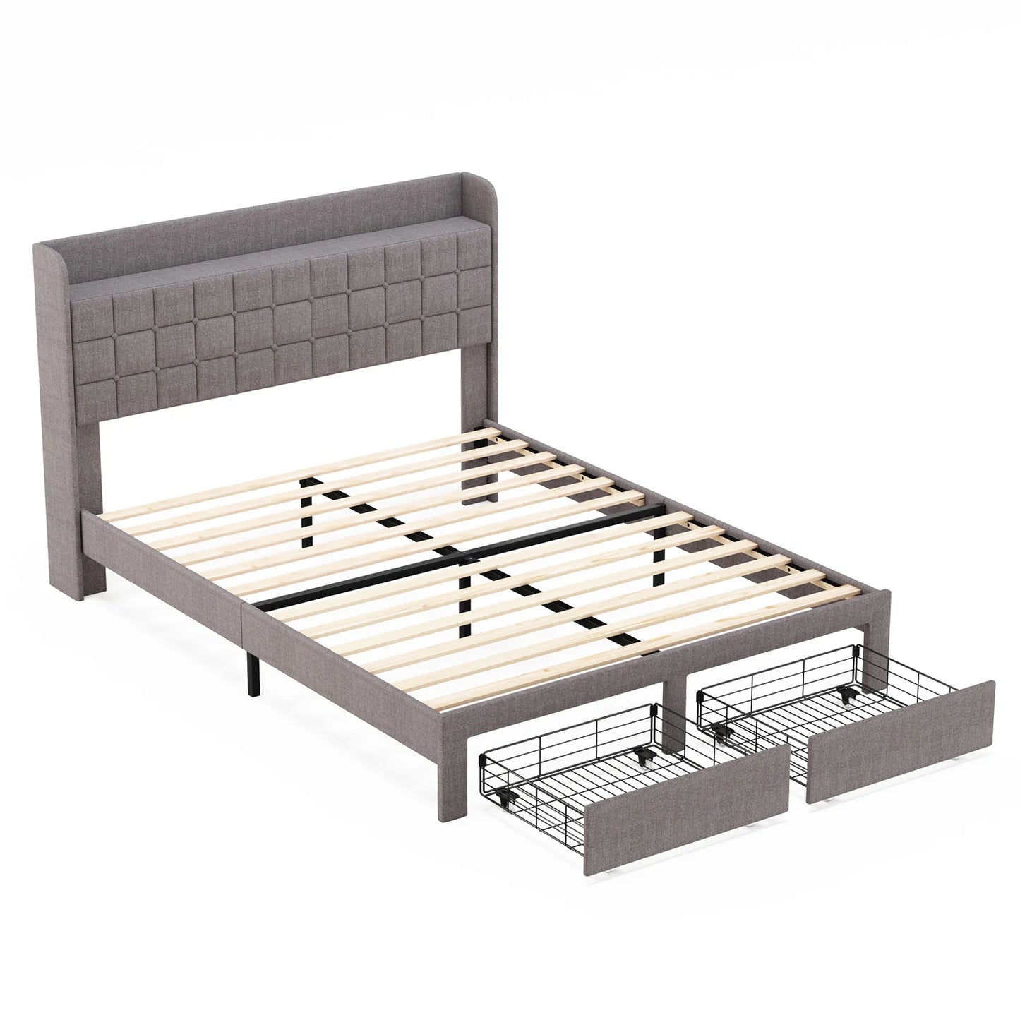 Wood Bed Frame with 2 Storage Drawers Fabric Headboard Upholstered Platform Bed Frame Wooden Slats