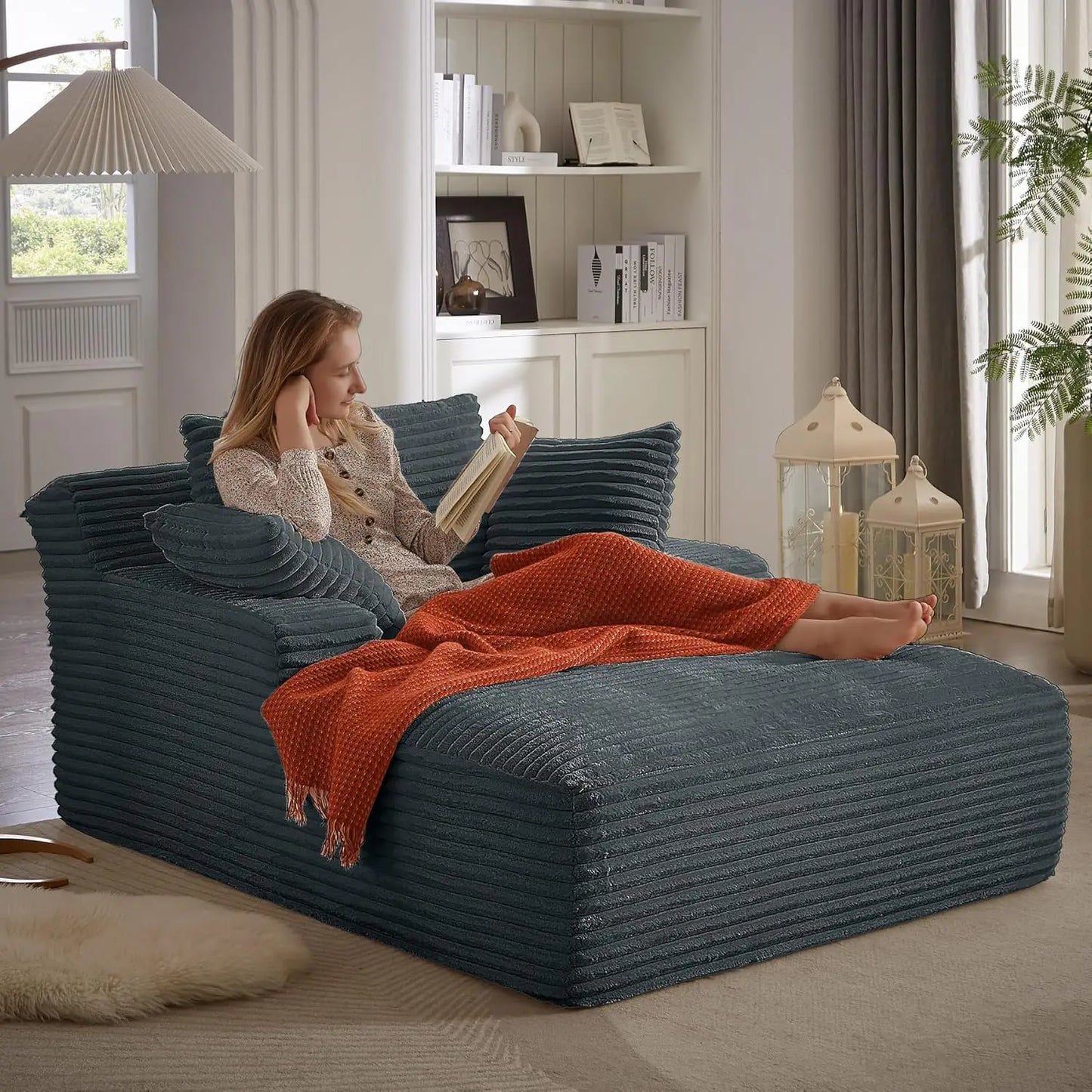 Oversized Chaise Lounge Chair with 3 Comfy Pillows for Living Room Bedroom, Wide Arms Corduroy Fabric High-Density