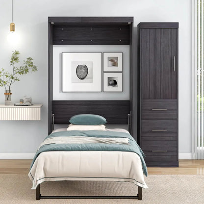 Twin Size Murphy Bed with Wardrobe and Drawers Storage Bed can be Folded into a Cabinet Gray