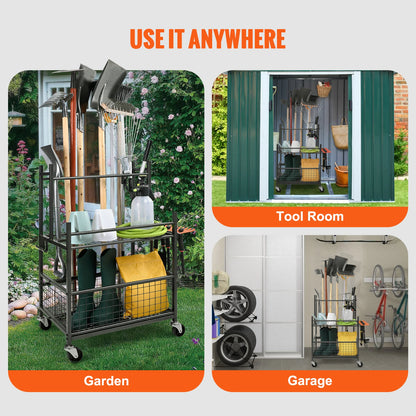Garden Tool Organizer Yard Tool Tower Rack with Hooks Wheels Long-Handled Rake Stand Holder for Garage Storage