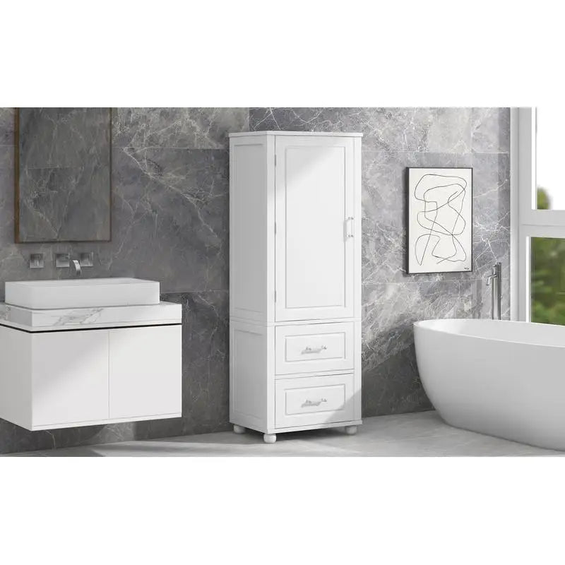 Freestanding Tall Bathroom Storage Cabinet with 2 Drawers and Adjustable Shelf