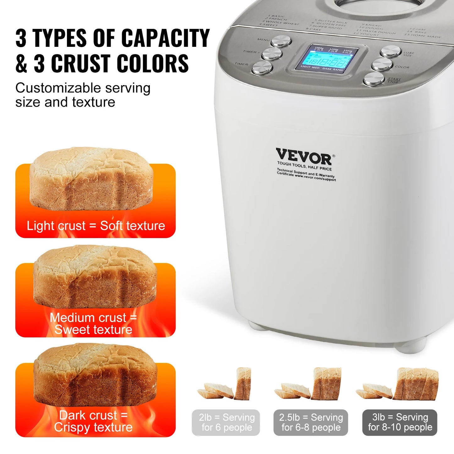 Bread Maker 15-in-1 Dough Machine Nonstick Ceramic Pan Automatic Bread maker with Gluten Free Setting