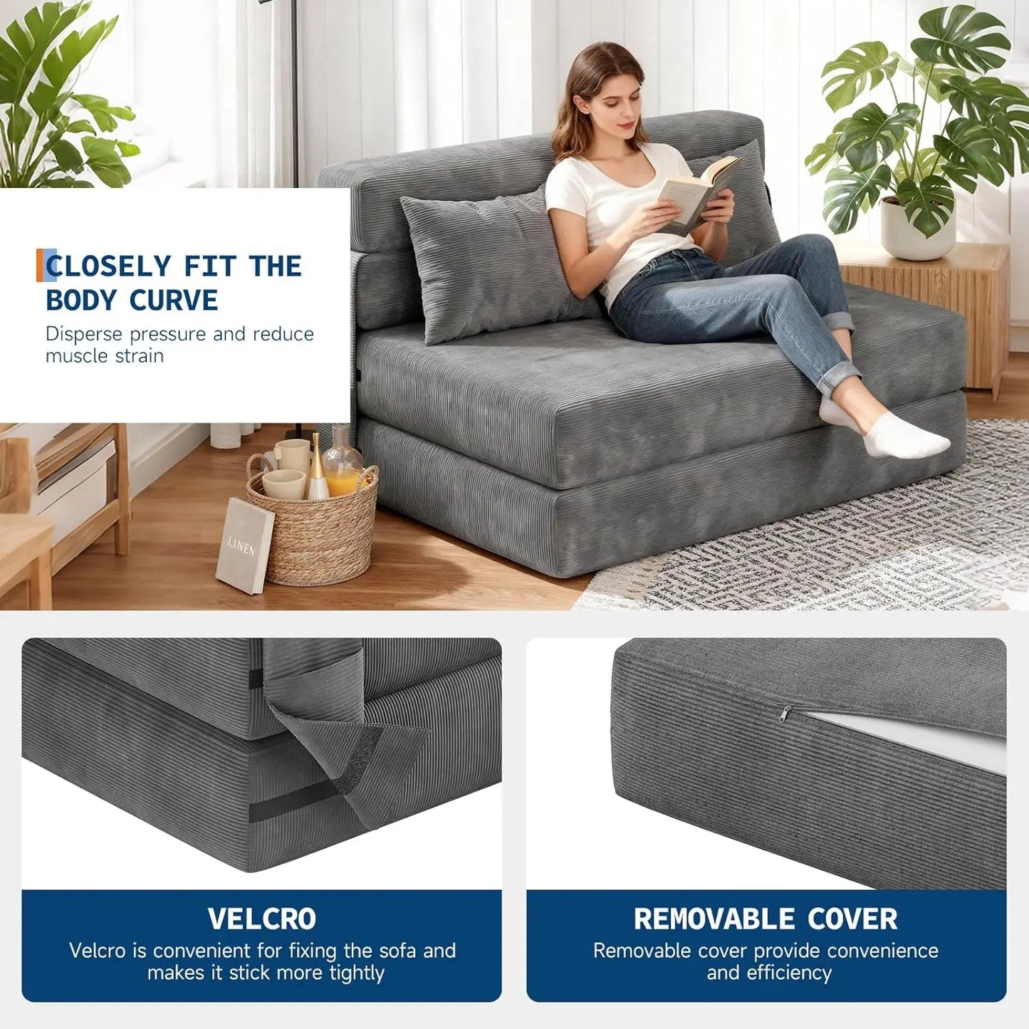 Convertible Folding Sofa Bed Sleeper Chair Bed with Pillow Portable Lazy Floor Sofa Lounger 2 in 1 Pull Out Loveseat Sofa