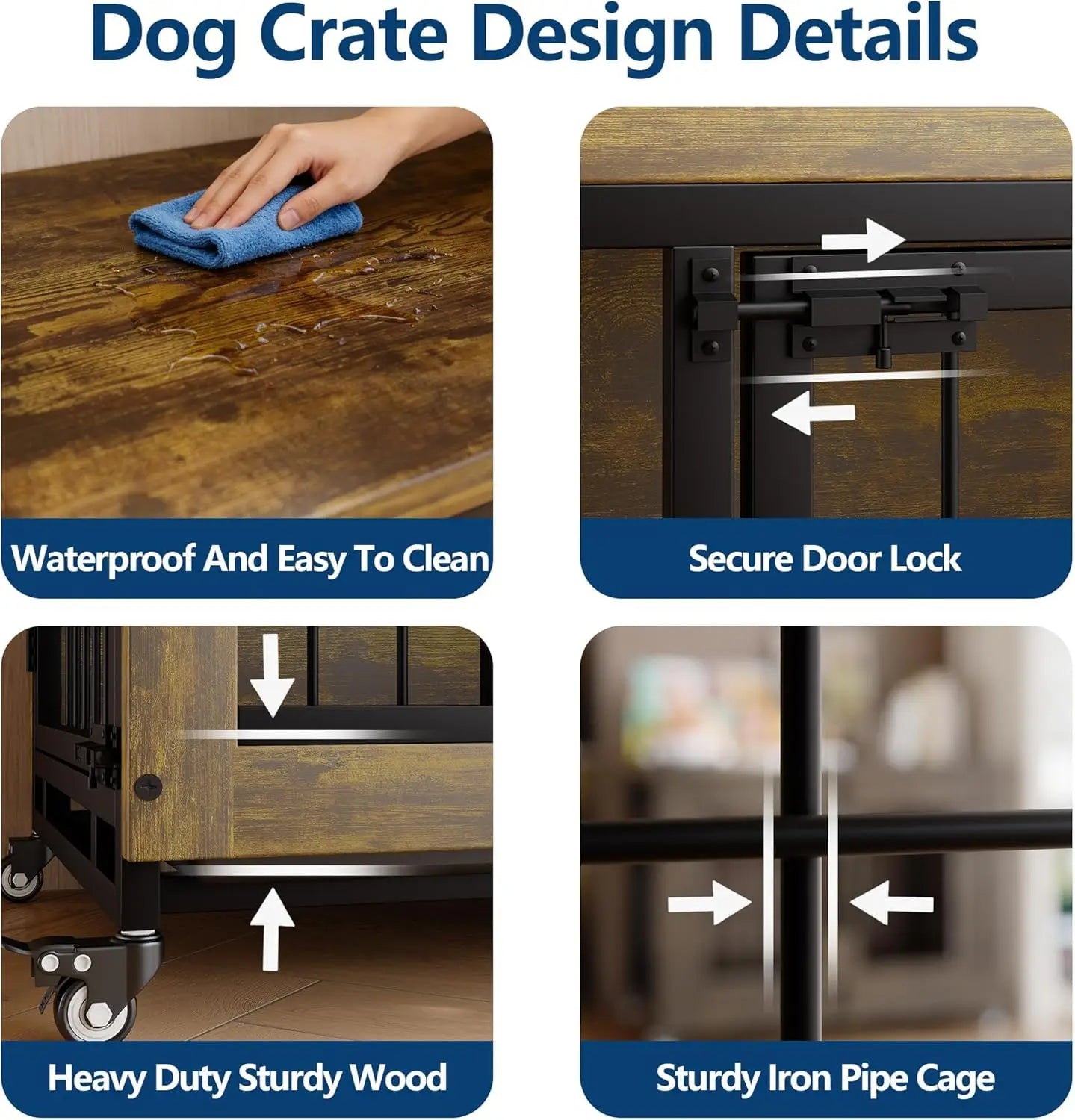 Wooden Dog Crate Furniture with 3 Doors & Wheels Heavy Duty Indoor Dog Kennel Side Table - Removable Tray, Pet House Cage Crate