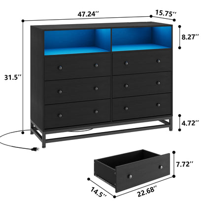 Modern Wooden Chest of Drawers for Bedroom Living Room with LED Light Charging Station 6 Drawers with Open Space Storage