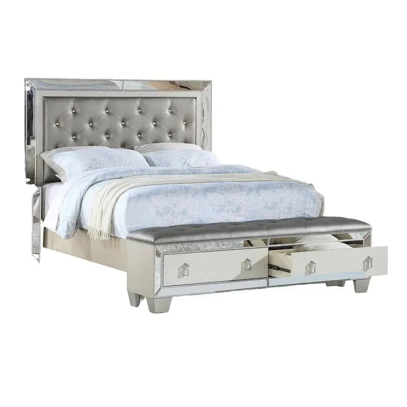 Glam Luxurious Queen Size Bed with Drawer Footboard, Silver Mirror Accents, Tufted Headboard Furniture Set for Modern Bedroom