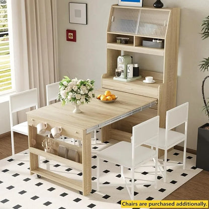 Modern Coffee Bar Cabinet, Compact 33.5"x15.7"x69" Buffet Cabinet with Hutch & Foldable Dining Table, Multifunctional Cupboard w