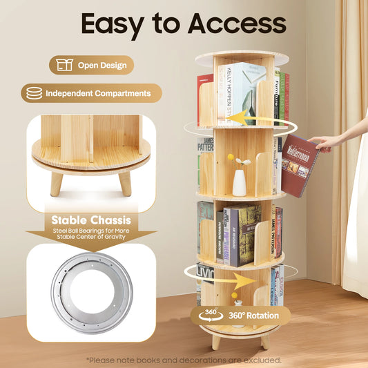 4 Tier Rotating Bookshelf with Legs,Floor Standing Stackable Wood Round Bookshelf 360 Display Book Shelf for Living Room Bedroom