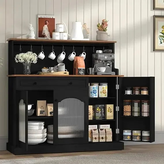 Coffee Bar Cabinet with Glass Doors, Wood Kitchen Pantry Cabinet with Glass Doors, Green Microwave Cabinet Kitchen Cabinets