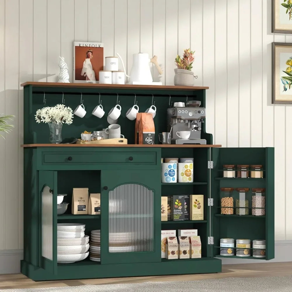 Coffee Bar Cabinet with Glass Doors, Wood Kitchen Pantry Cabinet with Glass Doors, Green Microwave Cabinet Kitchen Cabinets