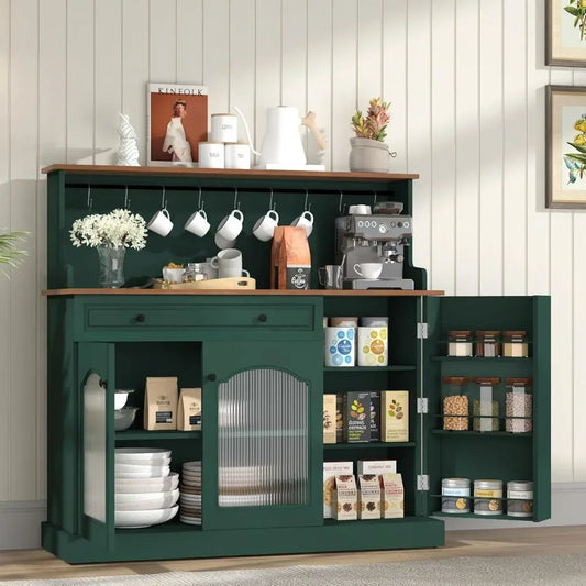 Coffee Bar Cabinet with Glass Doors, Wood Kitchen Pantry Cabinet with Glass Doors, Green Microwave Cabinet Kitchen Cabinets