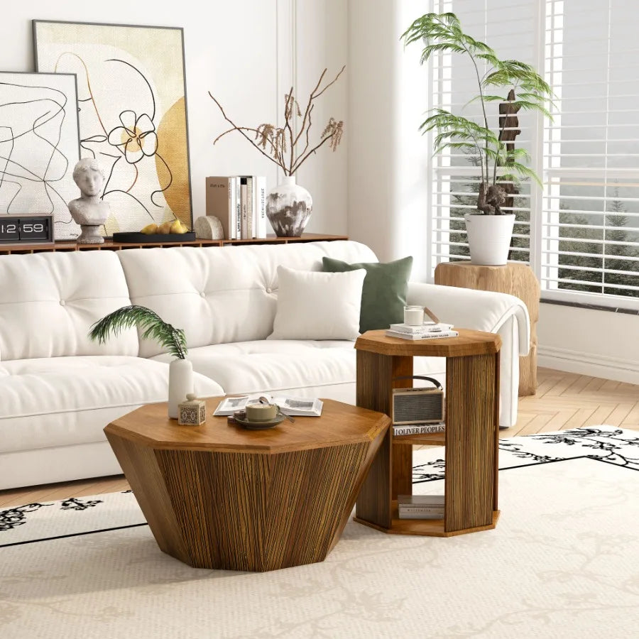 Octagonal Natural Rubber wood Set of Two Coffee Table