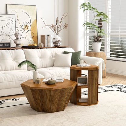 Octagonal Natural Rubber wood Set of Two Coffee Table