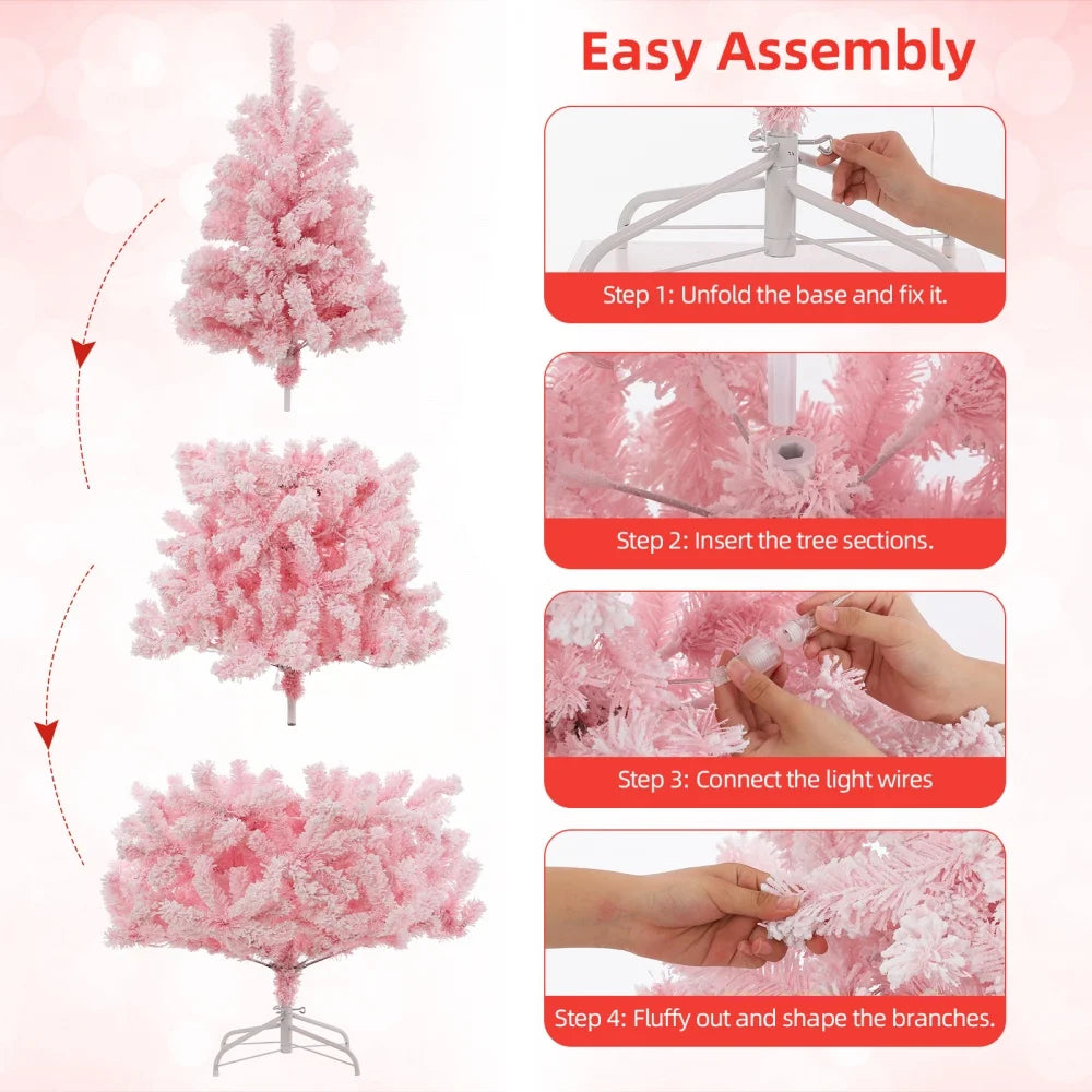 6Ft Pink Pre-Lit Christmas Tree, Snow Flocked Artificial Christmas Tree with 250 & Multi Color Led Lights, Fake Xmas Tree