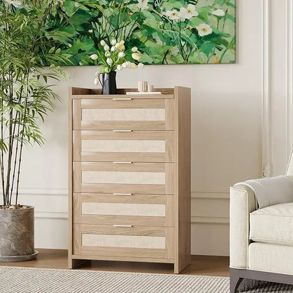 Rattan Dresser with 5 Drawers, Wooden Chest of Dresser for Bedroom, Boho Night Stand Storage for Living Room, Hallway, Closet