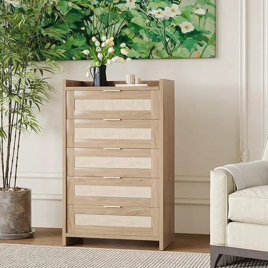 Rattan Dresser with 5 Drawers, Wooden Chest of Dresser for Bedroom, Boho Night Stand Storage for Living Room, Hallway, Closet