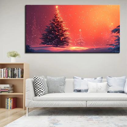 A Christmas tree landscape in a dreamy night scene, adding festive atmosphere and joy, with a 1.5 inch thick solid wood frame