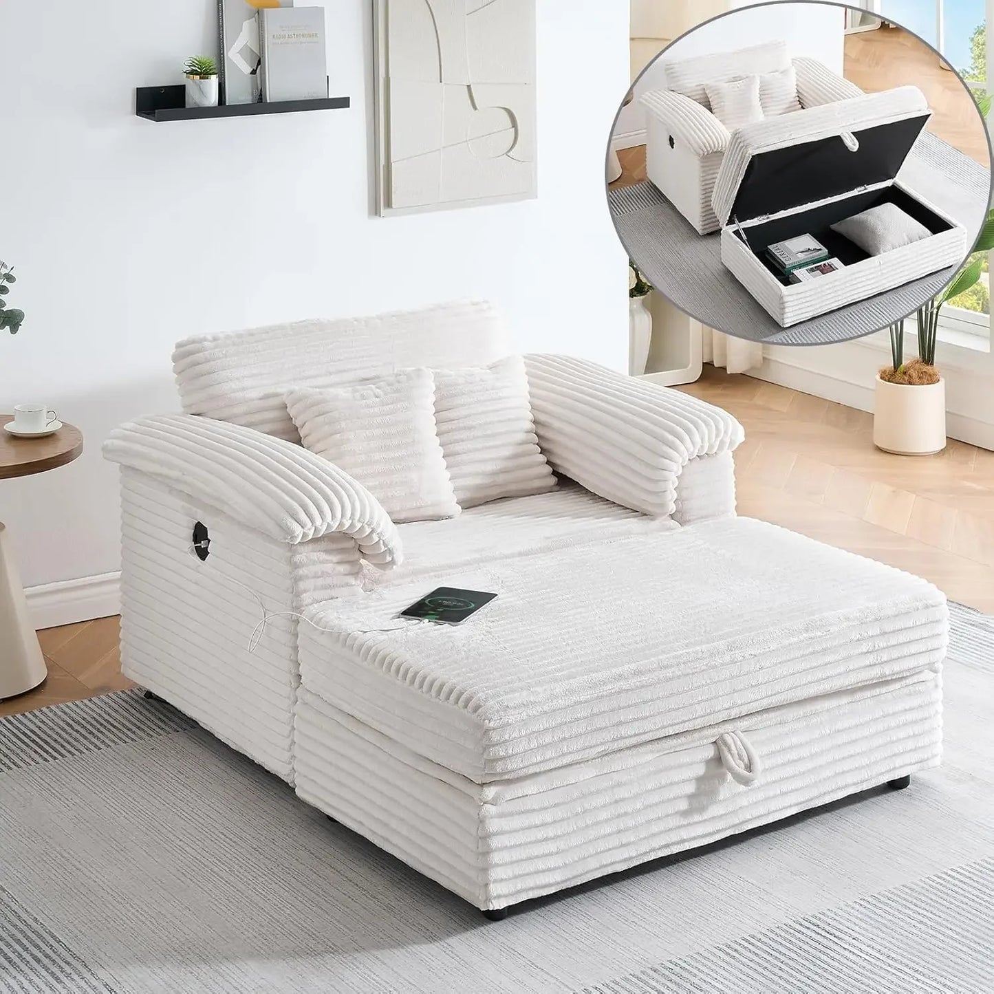Oversized Chaise Lounge Chair Couch Indoor - Deep Seat Sofa Bed, Corduroy Sleeper Cloud with USB Charging, Customized