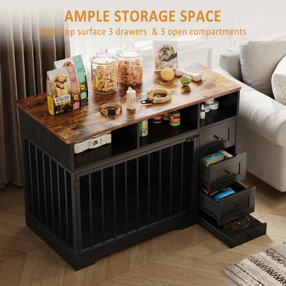 Farmhouse Wooden Dog Crate Furniture With 6 Storage Drawers Feeding Station Heavy Duty Dog Kennel End Table