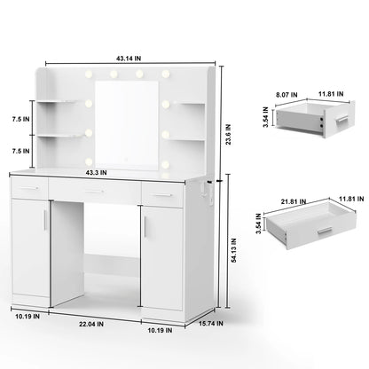 JHK Desser For Bedroom Vanity Desk with Mirror and Lights Adjustable Brightness with 2 Storage Cabinets 3 Drawers 6 Shelves
