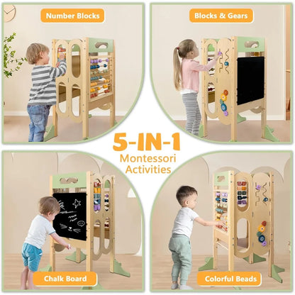 Foldable Toddler Tower with Adjustable Heights, Chalkboard & Learning Games - Safe Kitchen Step Stool for Kids