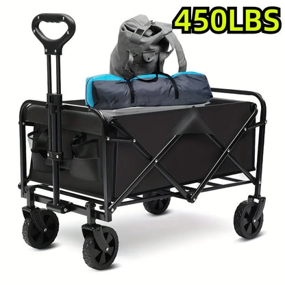 Folding Trolley, Heavy Duty Utility Portable Foldable Outdoor Beach Field Trolley with 360° All Terrain Wheels, Side Bag