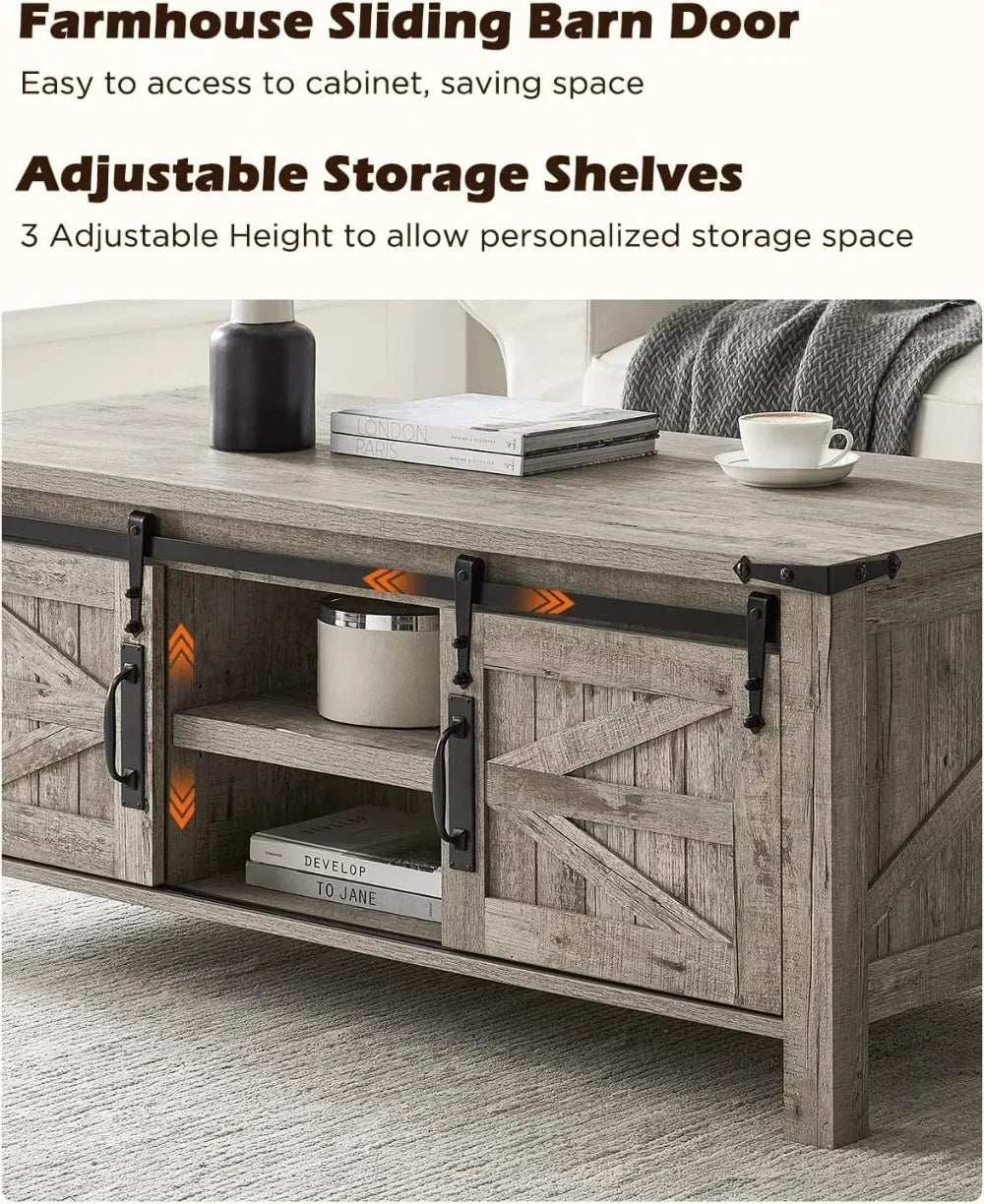 Lift Top Coffee Table with Sliding Barn Door, Rustic Farmhouse Storage Table for Living Room, Adjustable Shelf
