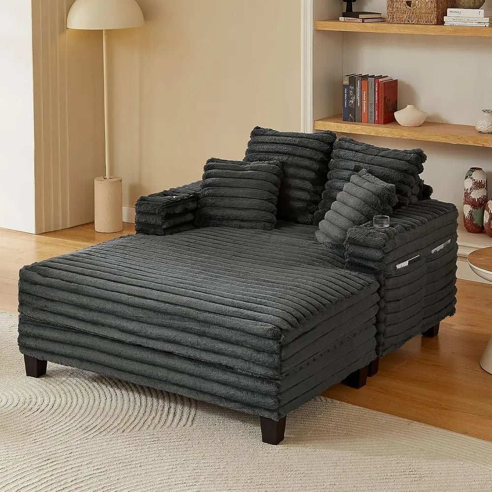 Oversized Indoor Chaise Lounge Chair with Storage and Cup Holders, Grey Corduroy