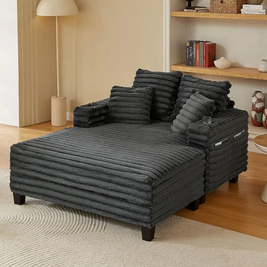 Oversized Indoor Chaise Lounge Chair with Storage and Cup Holders, Grey Corduroy