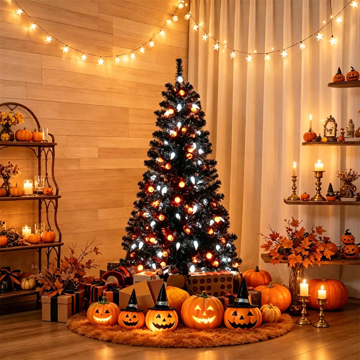 Black Halloween Tree with 65 Ghost Cold White Lights & 65 Pumpkin Orange Lights