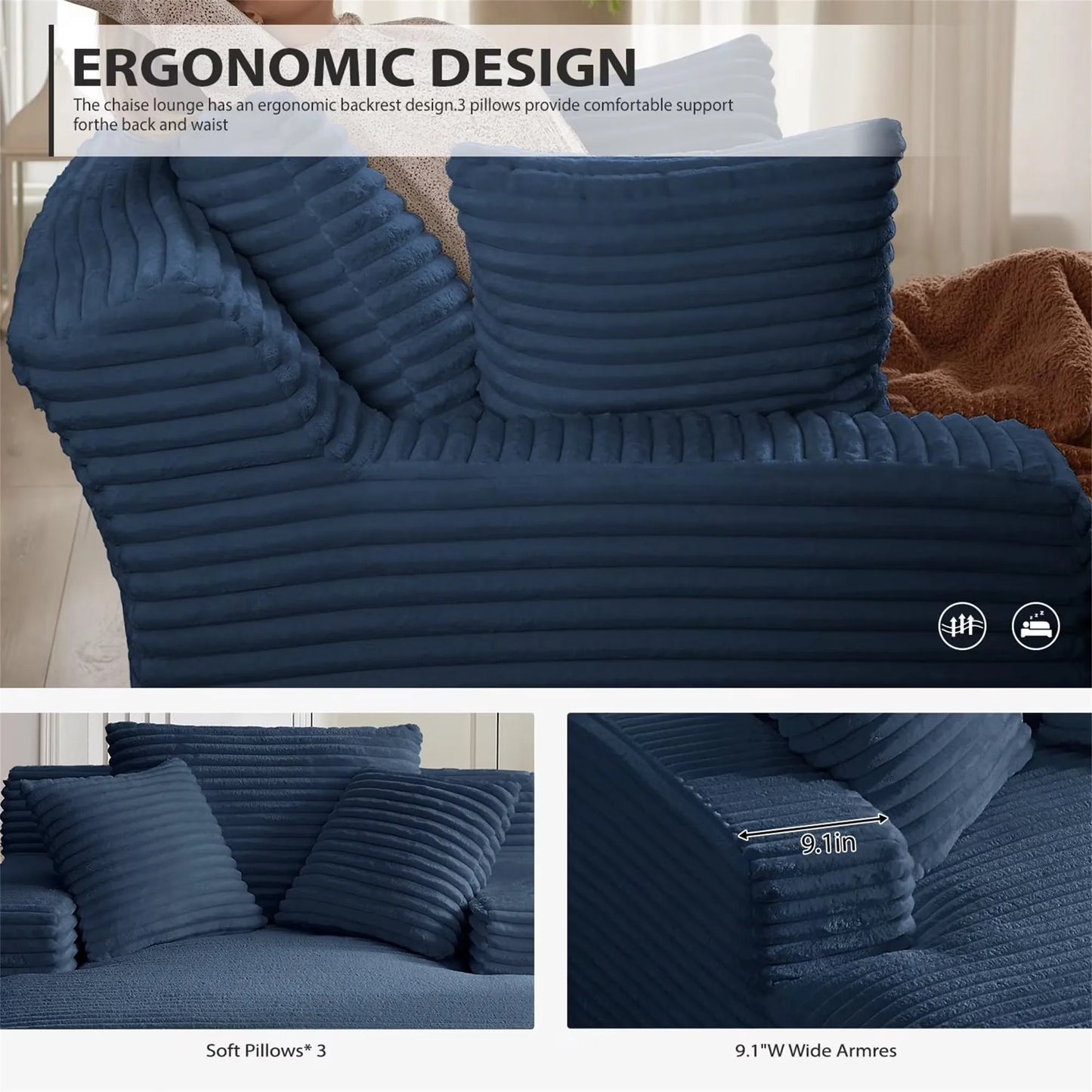 Oversized Chaise Lounge Chair Corduroy Oversized Boneless Couch Sofa Bed Reading Chair Sleeper Chaise with 3 Pillows, Blue